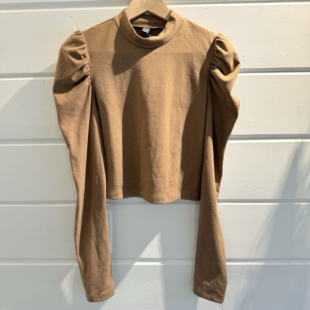 Alya womens top brown crop long sleeve, puff shoulder size L